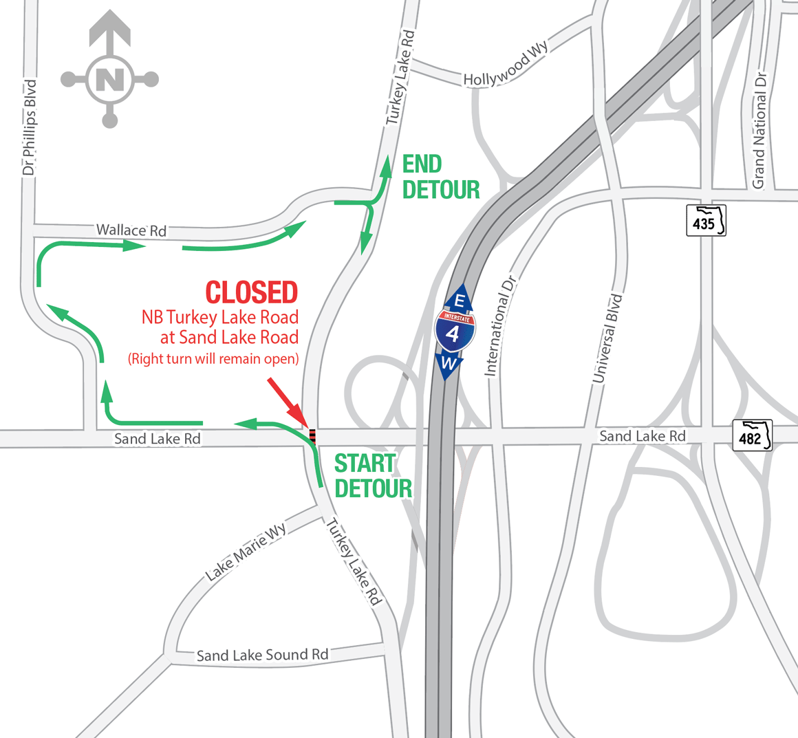 Overnight Closure of the Northbound Turkey Lake Road Through Lanes at the Intersection of Sand Lake Road July 13