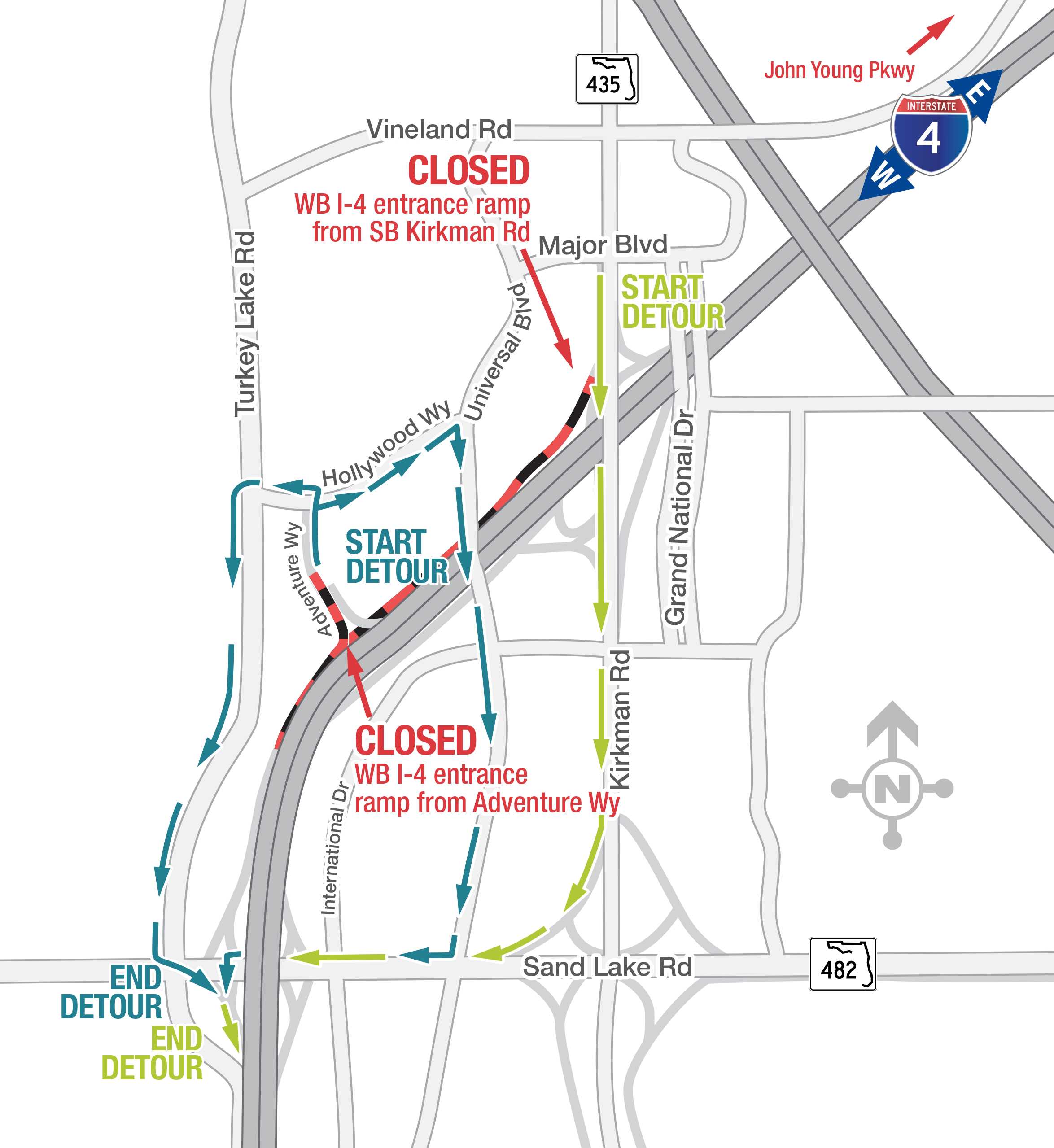 Overnight Closures of Westbound I-4 Entrance Ramps and I-4 Express between John Young Parkway and Sand Lake Road July 13 to 17