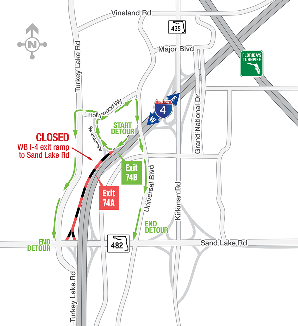 Overnight Closures of the Westbound I-4 Exit Ramp to Sand Lake Road (Exit 74A) April 29-May 1