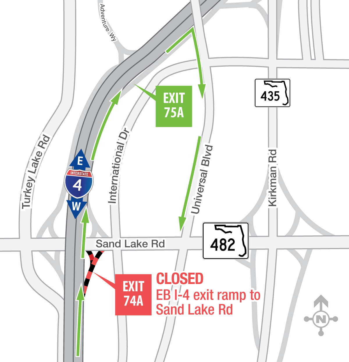 Eastbound I-4 Exit Ramp to Sand Lake Road (Exit 74A) to Close Overnight on August 26