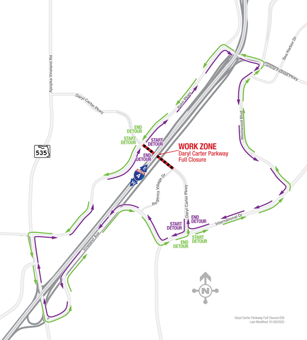 Ramps to I-4 from Daryl Carter Parkway to close overnight February 5th, and 6th, 2025