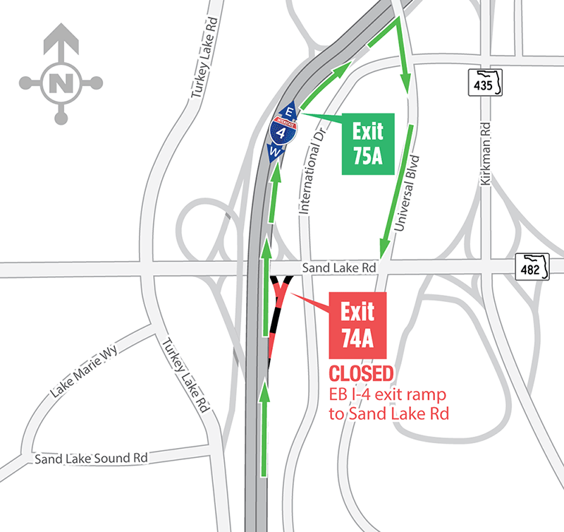 Overnight Closures of the Eastbound I-4 Exit Ramp to Sand Lake Road (Exit 74A) July 19-23