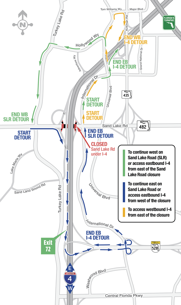 Overnight Detours for Sand Lake Road Under I-4