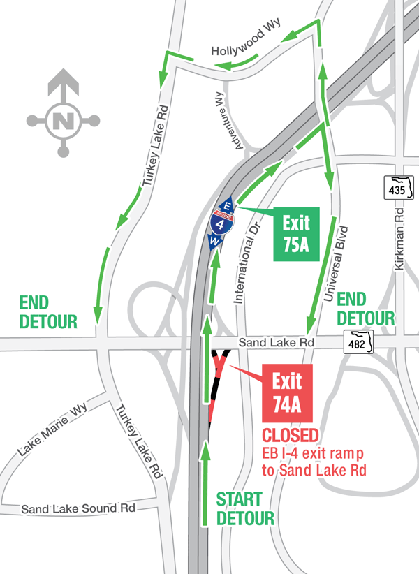 Overnight Detours for Eastbound I-4 Exit Ramp to Sand Lake Road