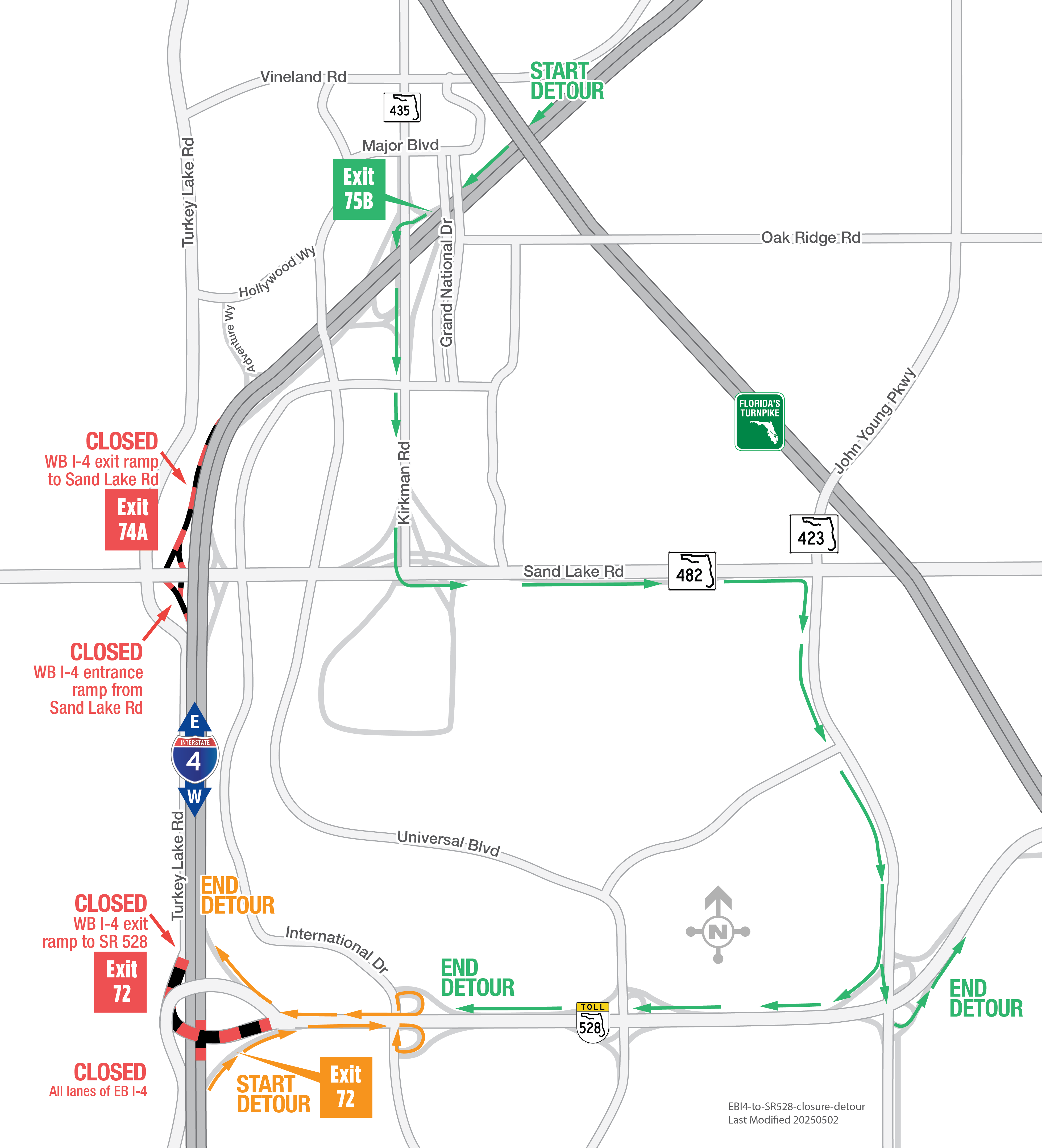 Overnight I-4 Closures at the Sand Lake Road and S.R. 528 Interchanges May 6 to 8