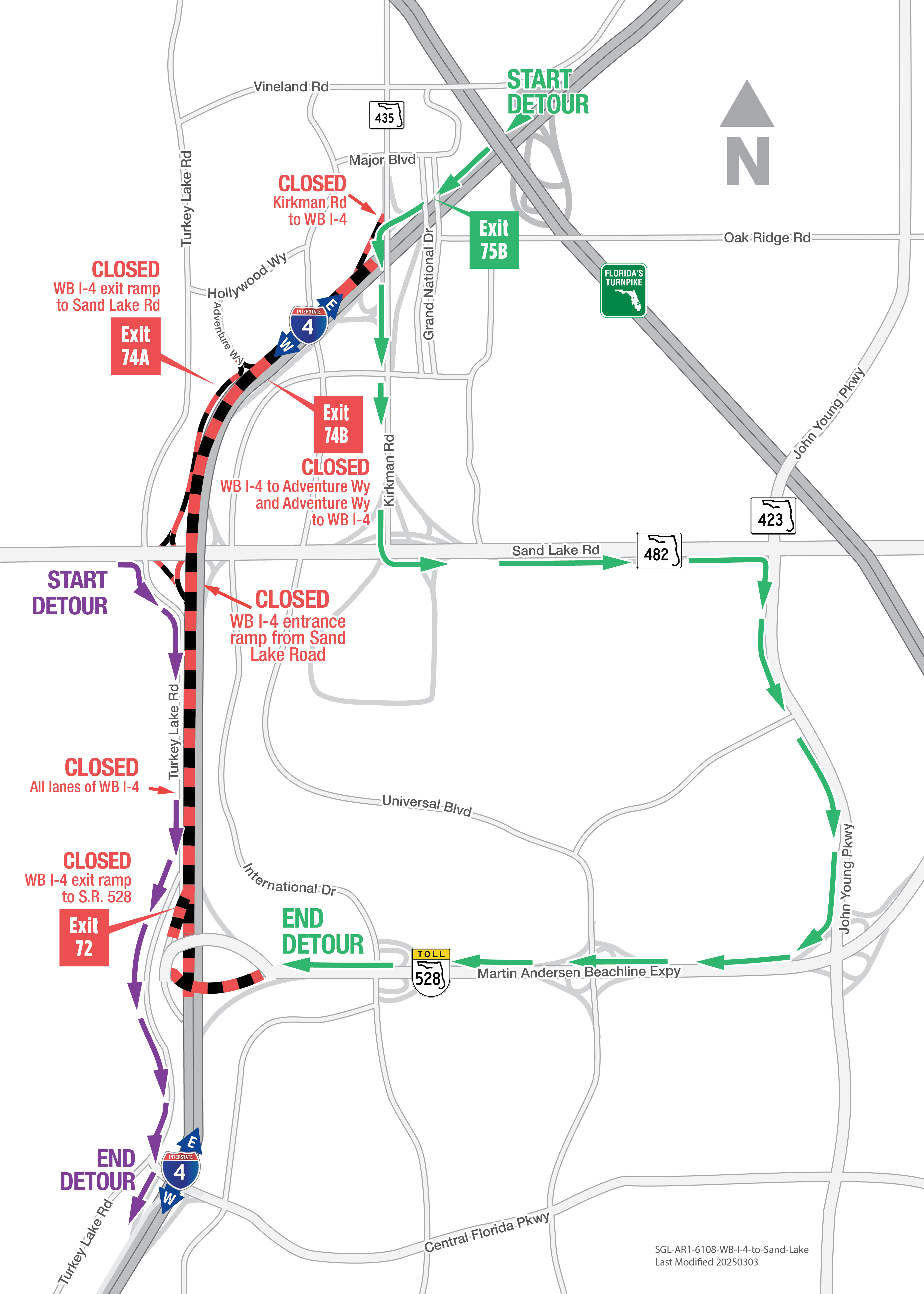 Overnight Closures on Westbound I-4 between Kirkman Road and S.R. 528 Interchanges July 30