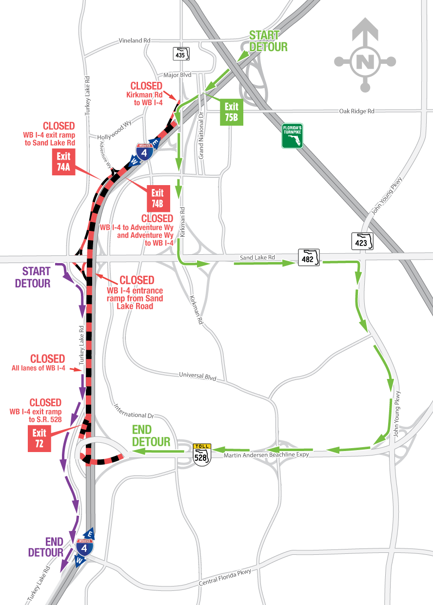 Overnight Closures on Westbound I-4 between Kirkman Road and S.R. 528 Interchanges November 9-13