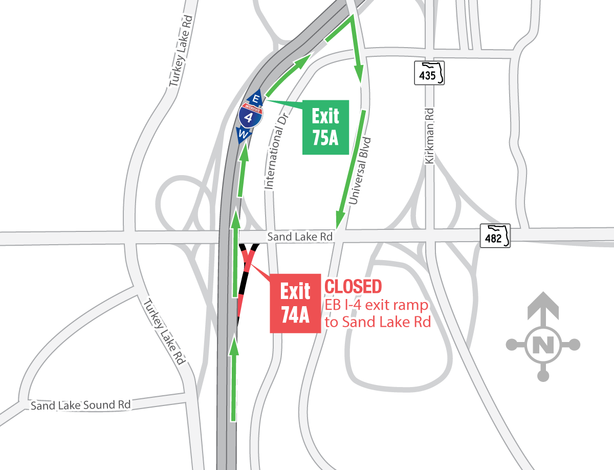 Overnight Closures of the Eastbound I-4 Exit Ramp to Sand Lake Road (Exit 74A) May 4-5