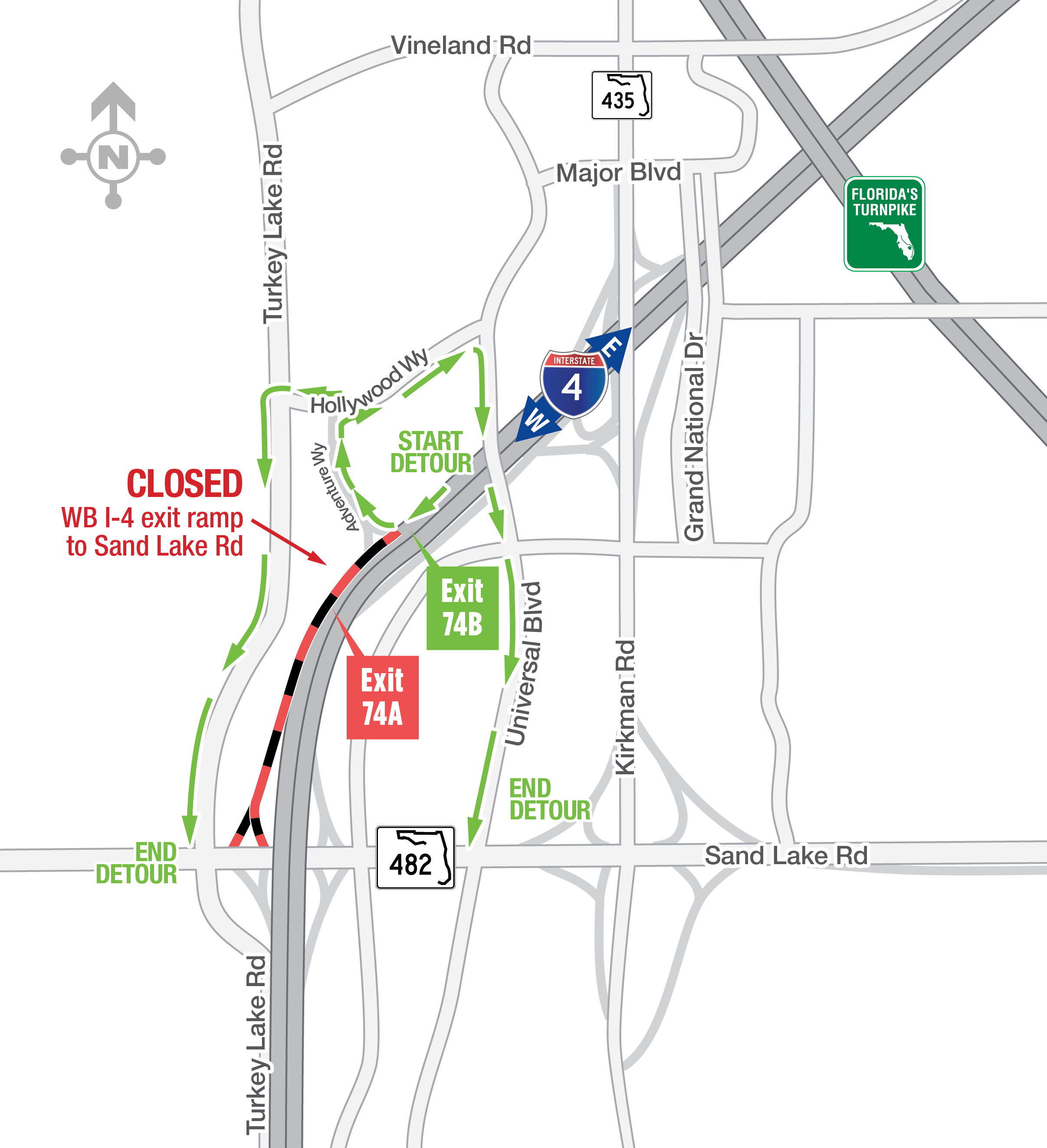 Overnight Closures of the Westbound I-4 Exit Ramp to Sand Lake Road (Exit 74A) December 1-4