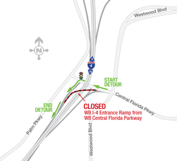 westbound Interstate 4 (I-4) entrance ramp detour