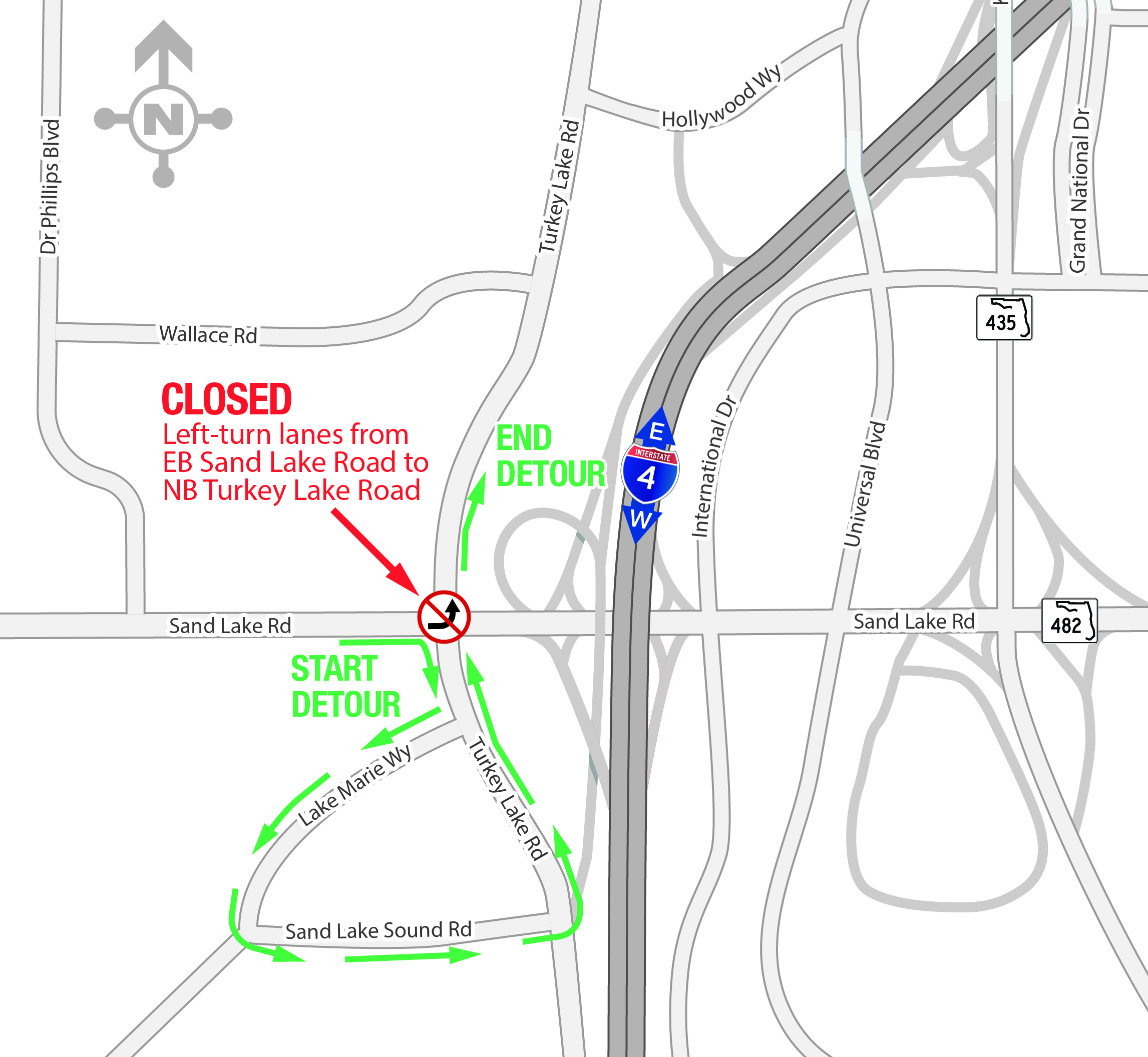 Dates Added for Overnight Left-Turn Lane Closures at Sand Lake Road and Turkey Lake Road Intersection
