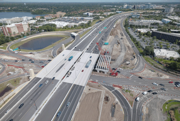 Aerial image of I-4 exit ramp to Sand Lake Road