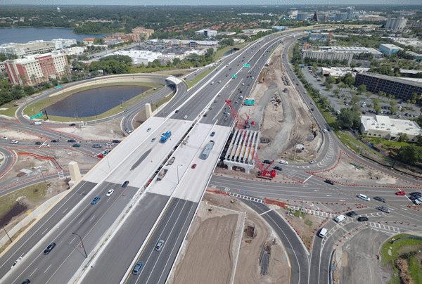 Aerial image of I-4 exit ramp to Sand Lake Road