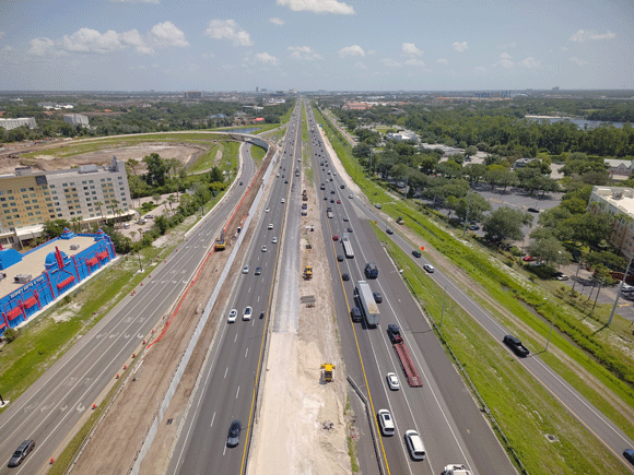 Crews are widening and lengthening the entrance ramp from northbound Apopka-Vineland Road to eastbound I-4.